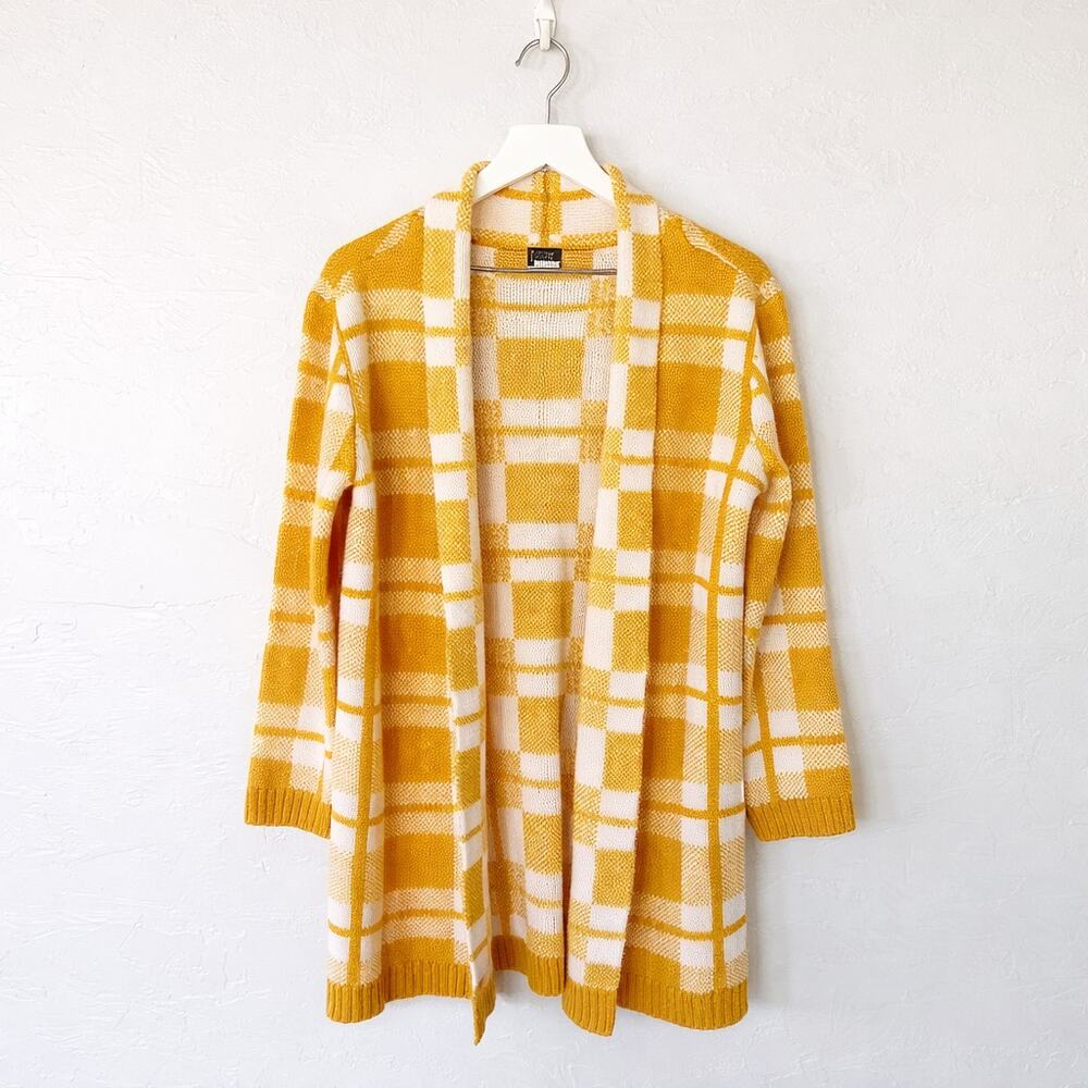Salon Studio Yellow White Plaid Longline Cardigan Medium Cozy Open Front - Picture 6 of 6